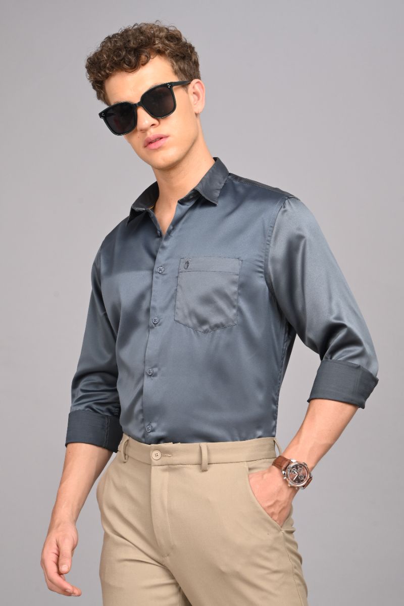 Stagbeetle Dark Grey Satin Full-Sleeve Shirt view 4