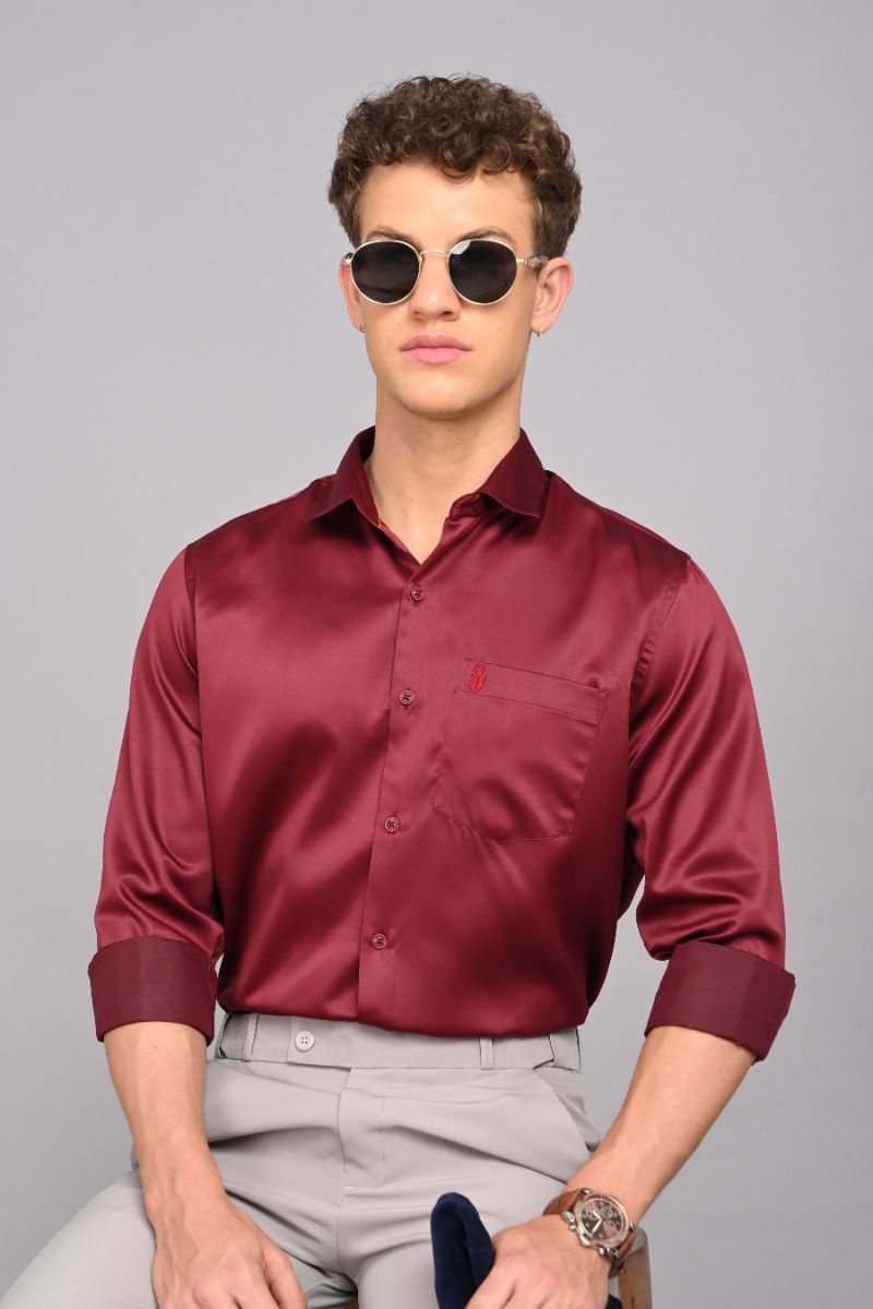 Stagbeetle Maroon Fine Satin Full-Sleeve Shirt