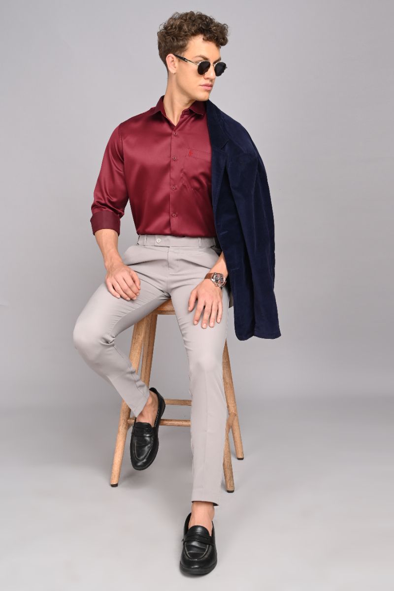 Stagbeetle Maroon Fine Satin Full-Sleeve Shirt view 2