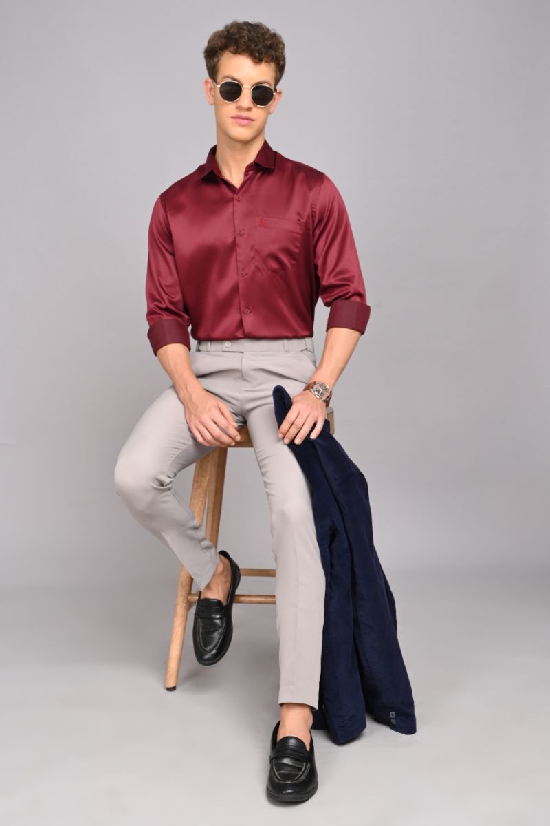 Stagbeetle Maroon Fine Satin Full-Sleeve Shirt view 3