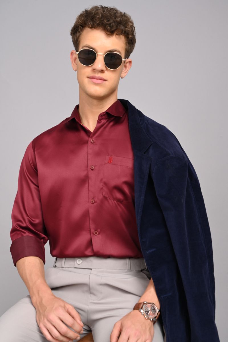 Stagbeetle Maroon Fine Satin Full-Sleeve Shirt view 4