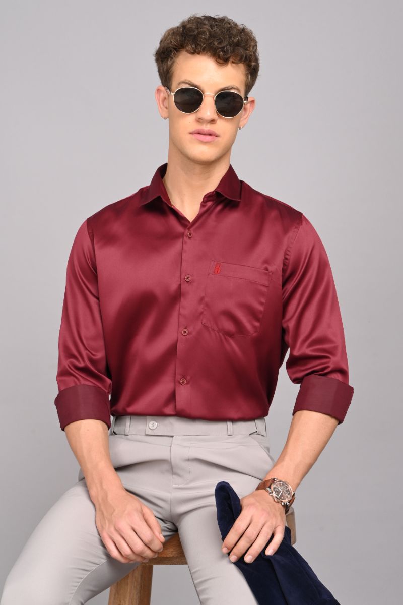 Stagbeetle Maroon Fine Satin Full-Sleeve Shirt view 5