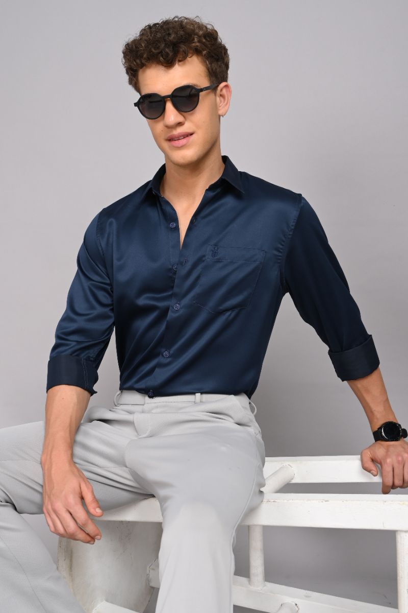 Stagbeetle Navy Blue Satin Full-Sleeve Shirt