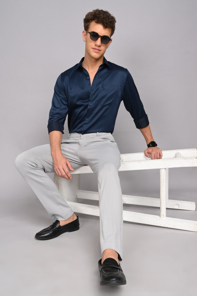 Stagbeetle Navy Blue Satin Full-Sleeve Shirt view 2