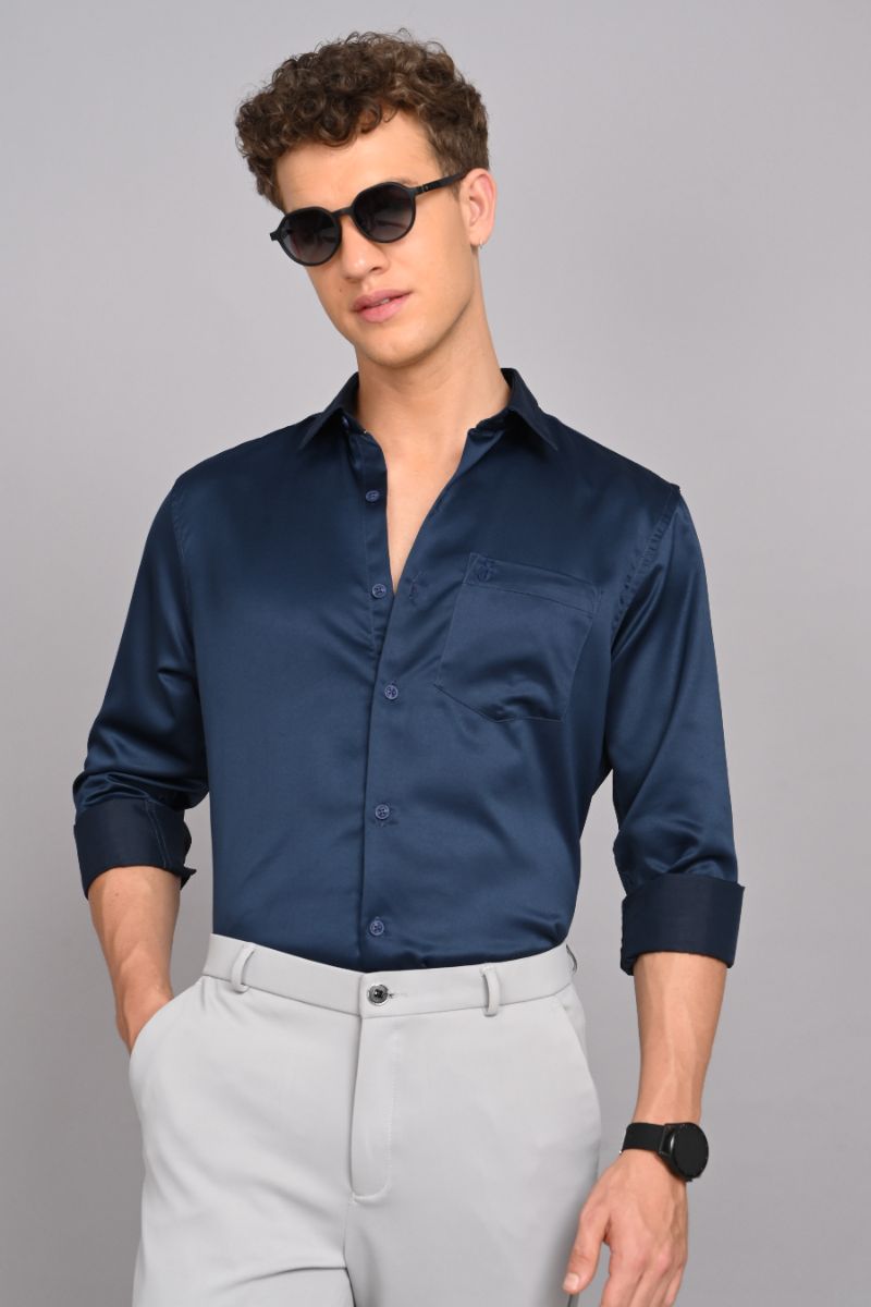 Stagbeetle Navy Blue Satin Full-Sleeve Shirt view 4