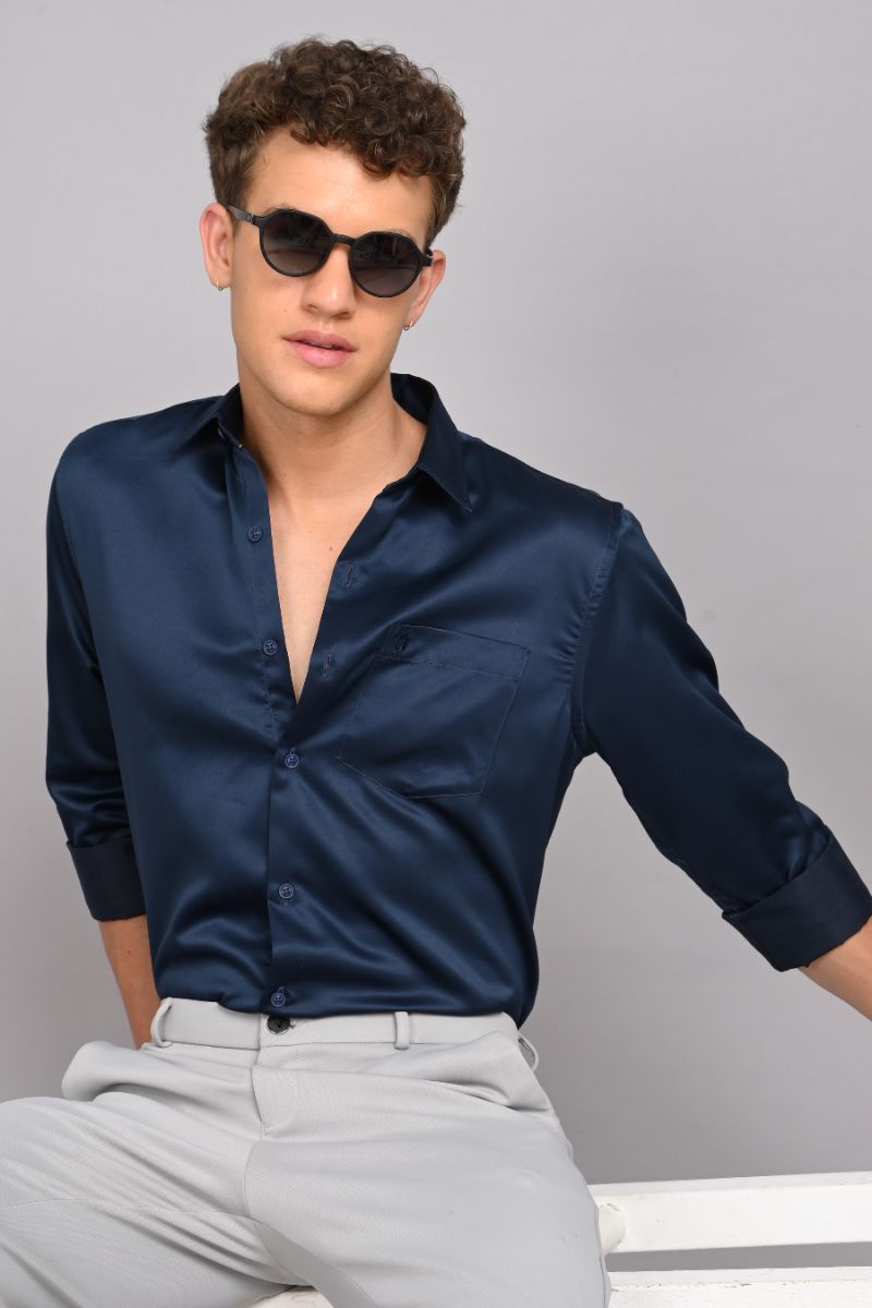 Stagbeetle Navy Blue Satin Full-Sleeve Shirt view 5