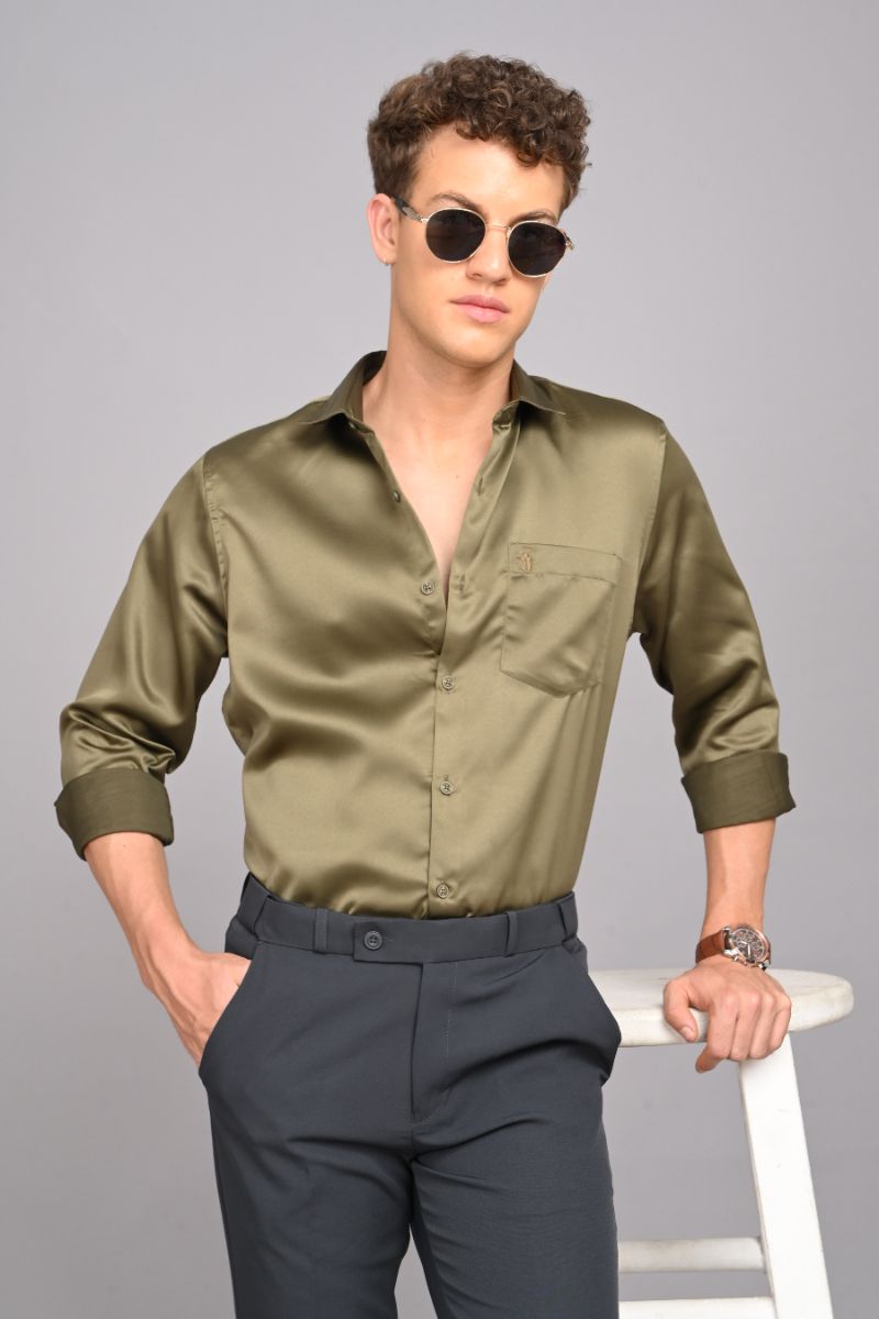 Stagbeetle Olive Green Satin Full-Sleeve Shirt