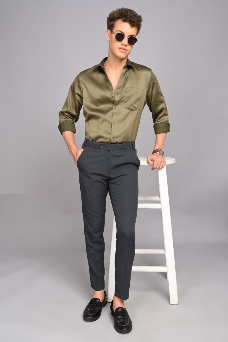 Stagbeetle Olive Green Satin Full-Sleeve Shirt view 2