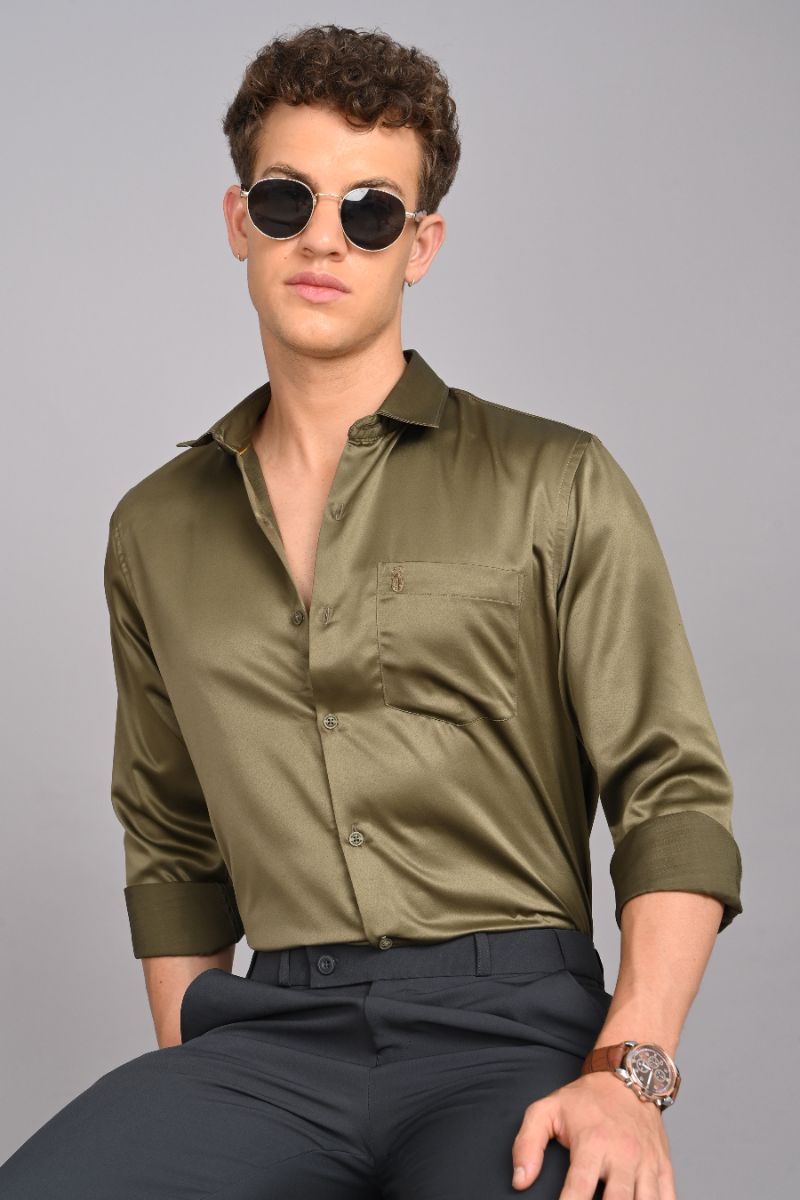 Stagbeetle Olive Green Satin Full-Sleeve Shirt view 3