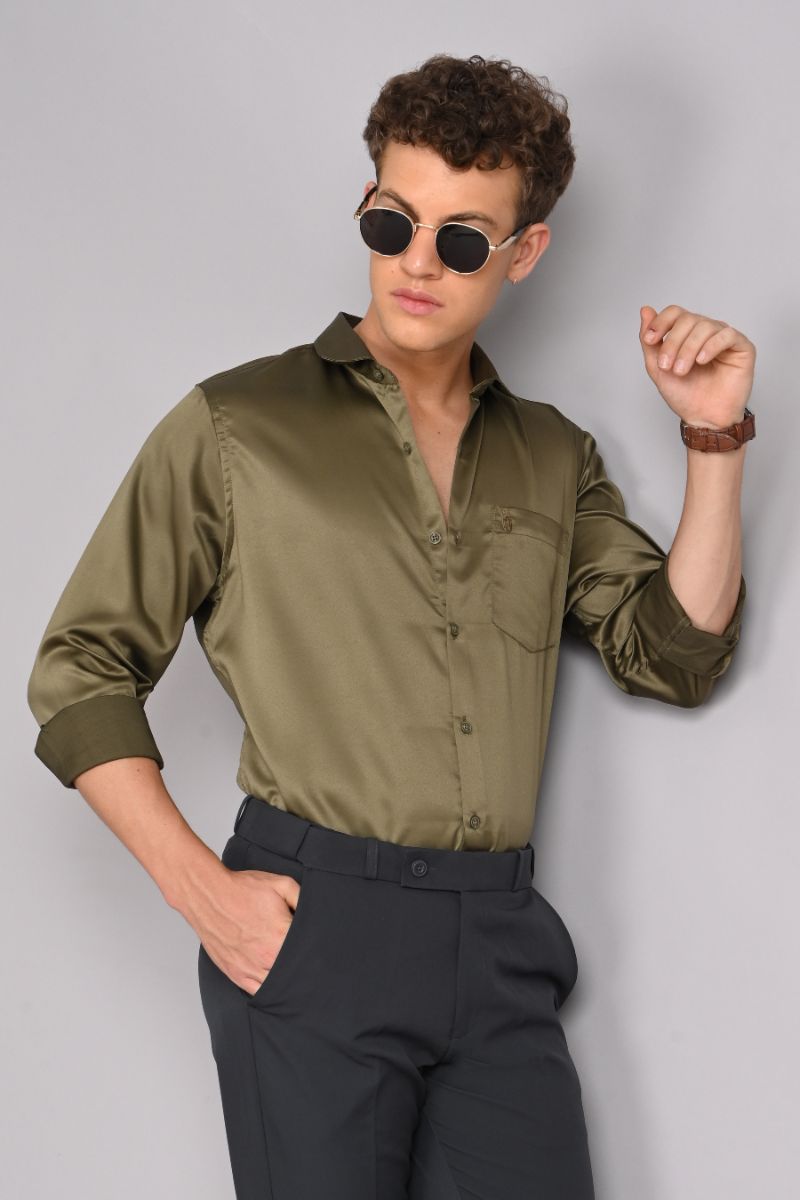 Stagbeetle Olive Green Satin Full-Sleeve Shirt view 4