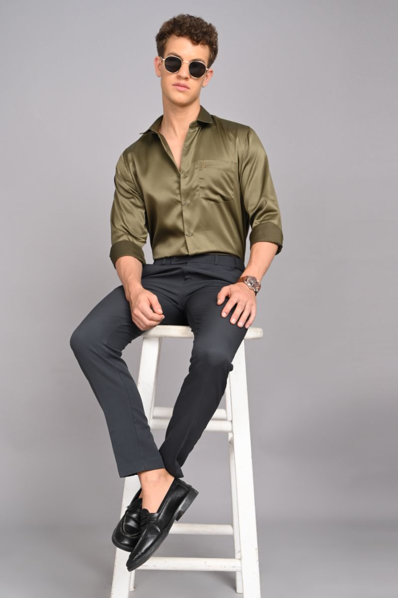 Stagbeetle Olive Green Satin Full-Sleeve Shirt view 5