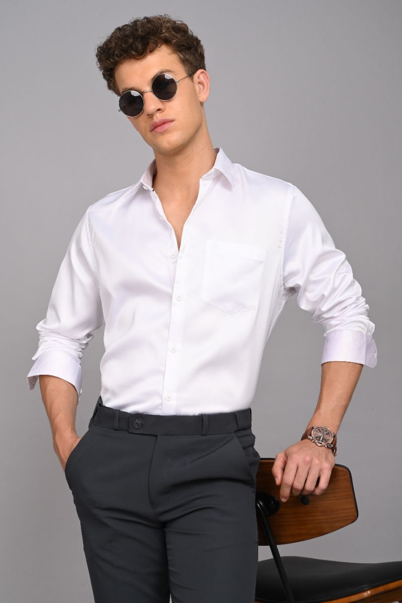 Stagbeetle Pristine White Satin Full-Sleeve Shirt