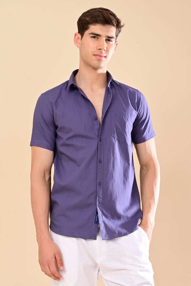 Stagbeetle Premium Royal Purple Linen Half-Sleeve Shirt