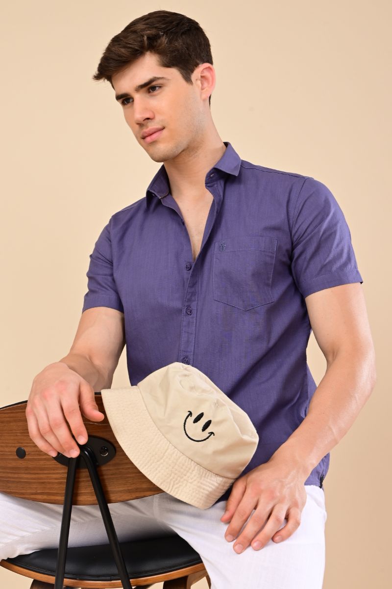 Stagbeetle Premium Royal Purple Linen Half-Sleeve Shirt view 2