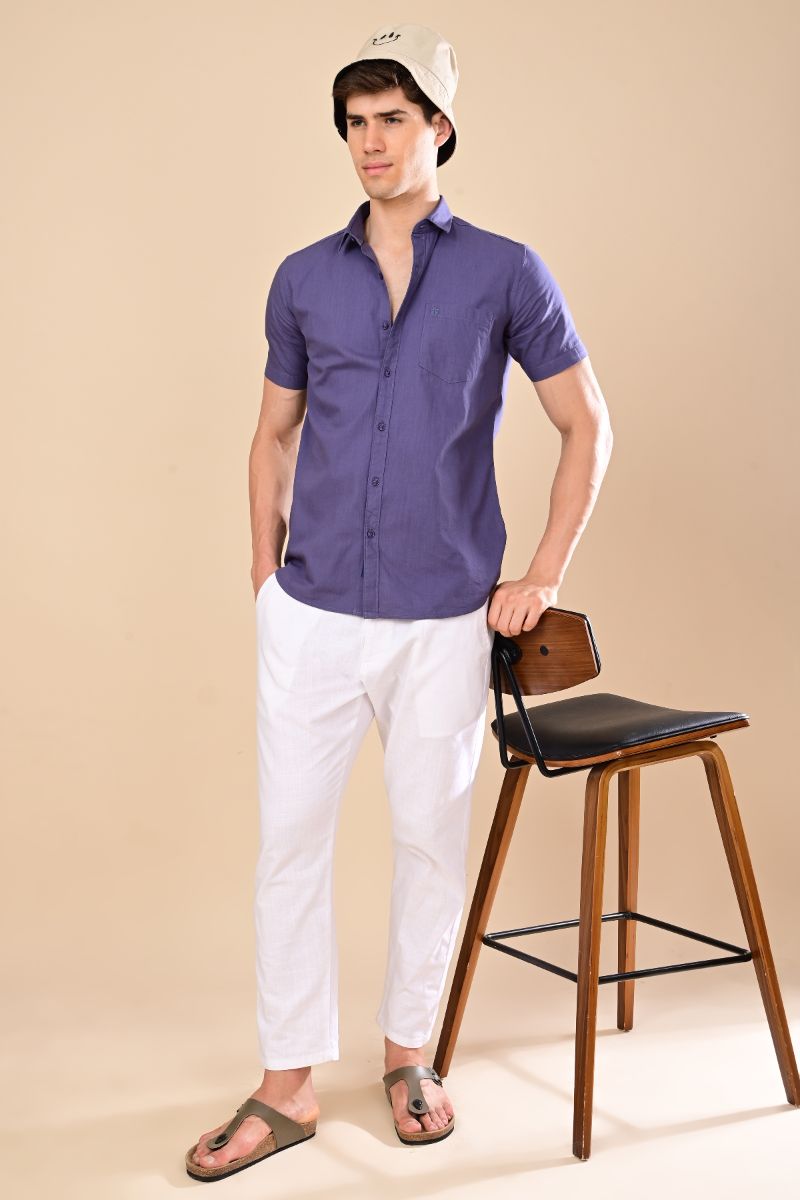 Stagbeetle Premium Royal Purple Linen Half-Sleeve Shirt view 3
