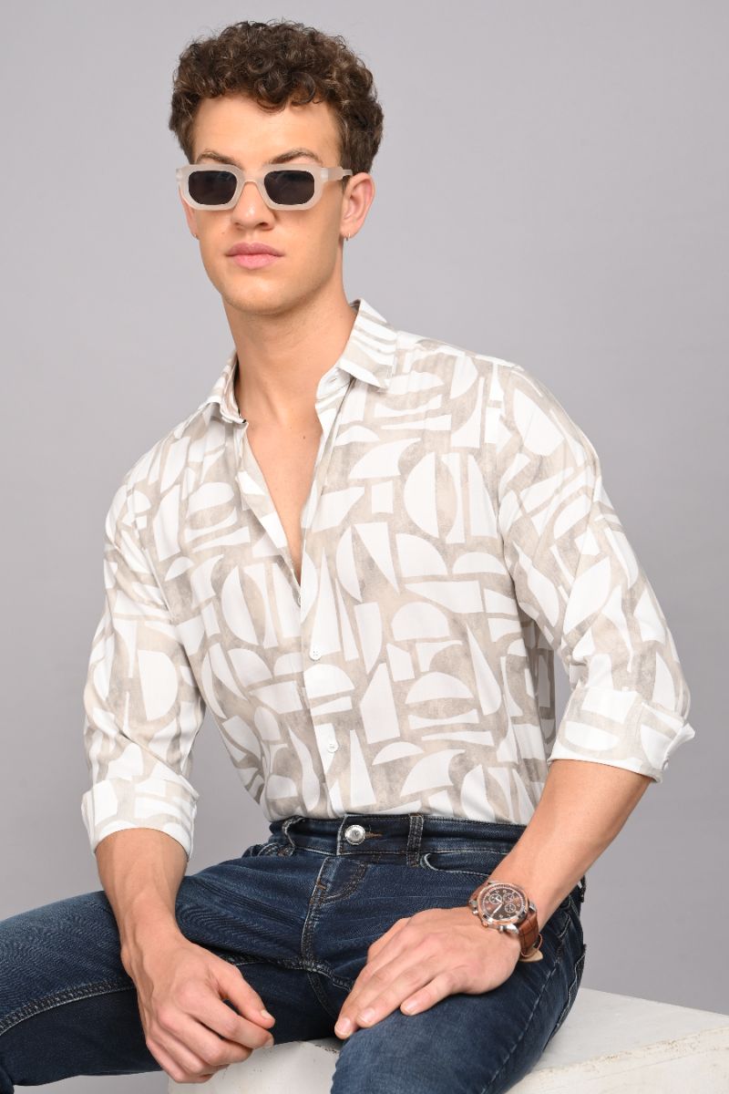 Stagbeetle Premium Ivory Abstract Printed Rayon Shirt
