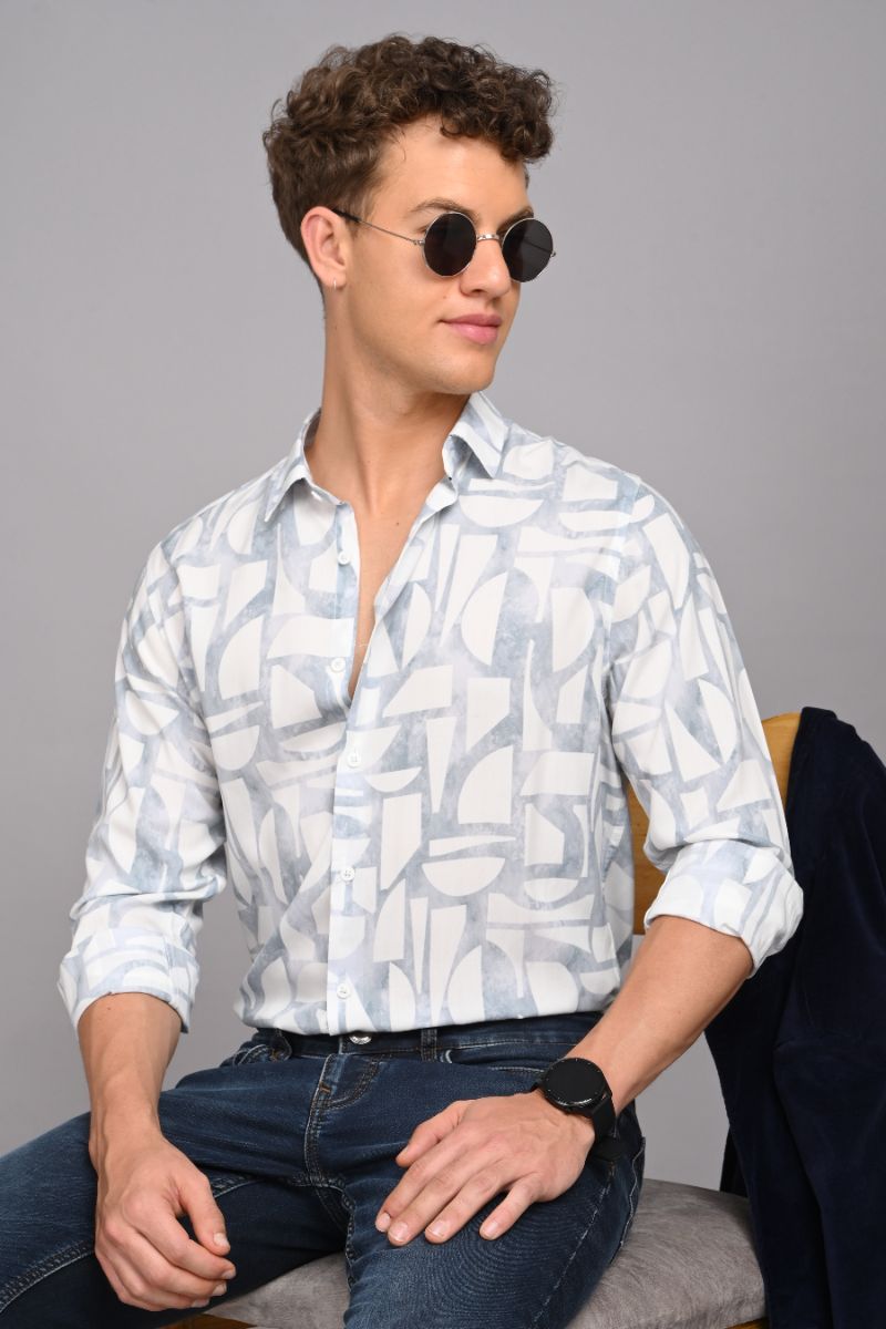 Stagbeetle Premium Ice Blue Abstract Printed Rayon Shirt