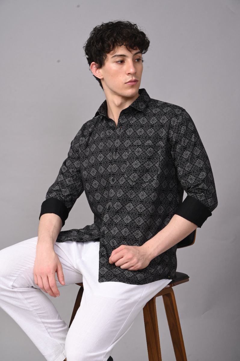 Midnight Geometric Soft-Touch Cotton Satin Shirt view 3