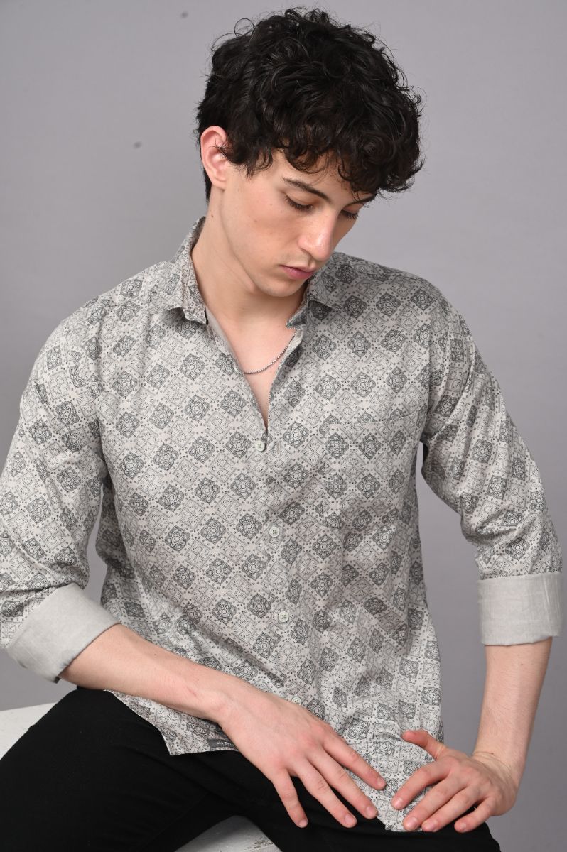 Elegant Geo-Print Soft-Touch Cotton Satin Shirt view 3