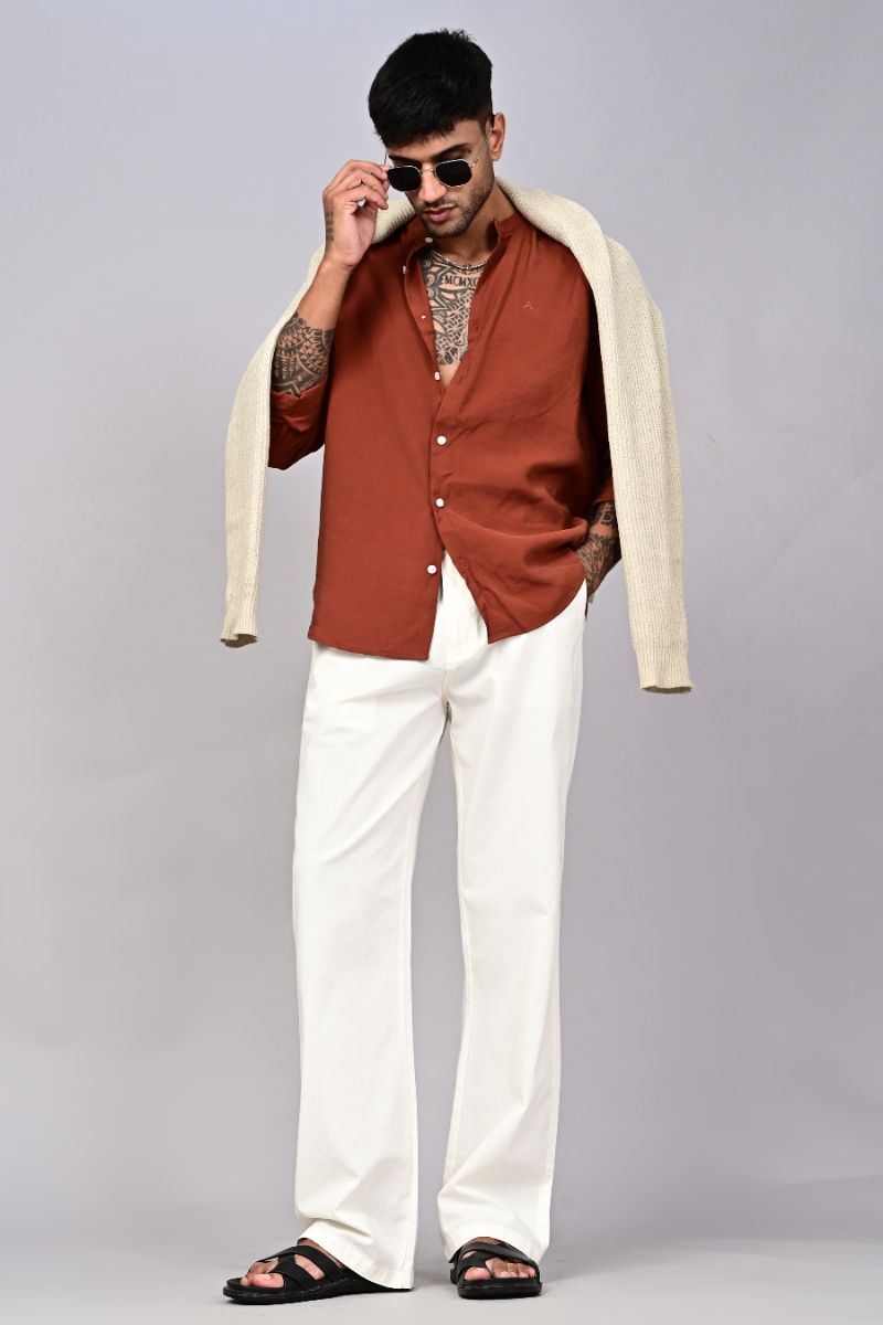 STAGBEETLE White Loose Fit Cotton Pant For Men