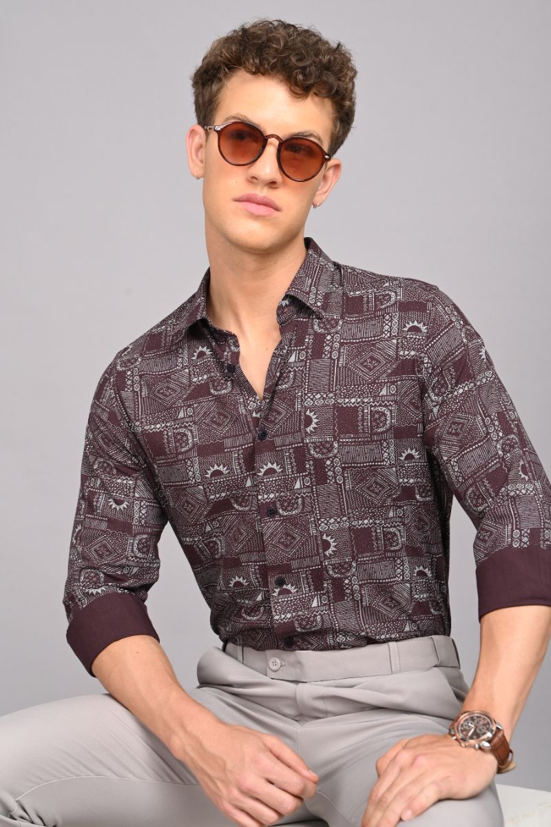 Stagbeetle Premium Burgundy Printed Rayon Shirt