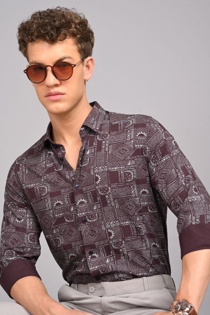 Stagbeetle Premium Burgundy Printed Rayon Shirt view 2