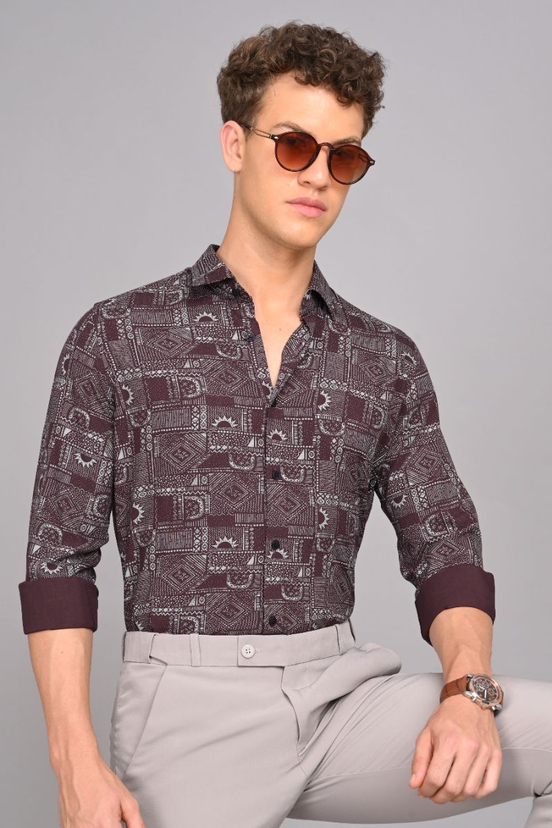 Stagbeetle Premium Burgundy Printed Rayon Shirt view 5