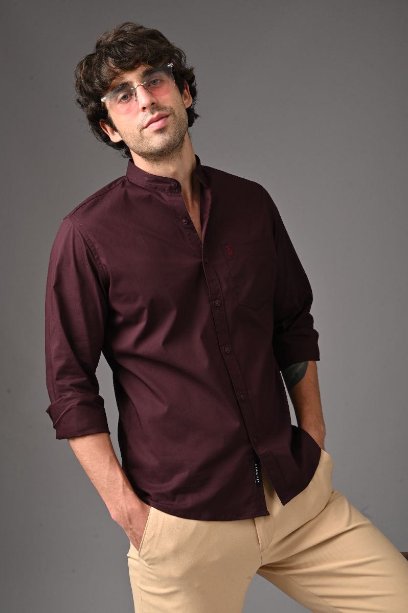 Rich Burgundy Mandarin Collar Shirt