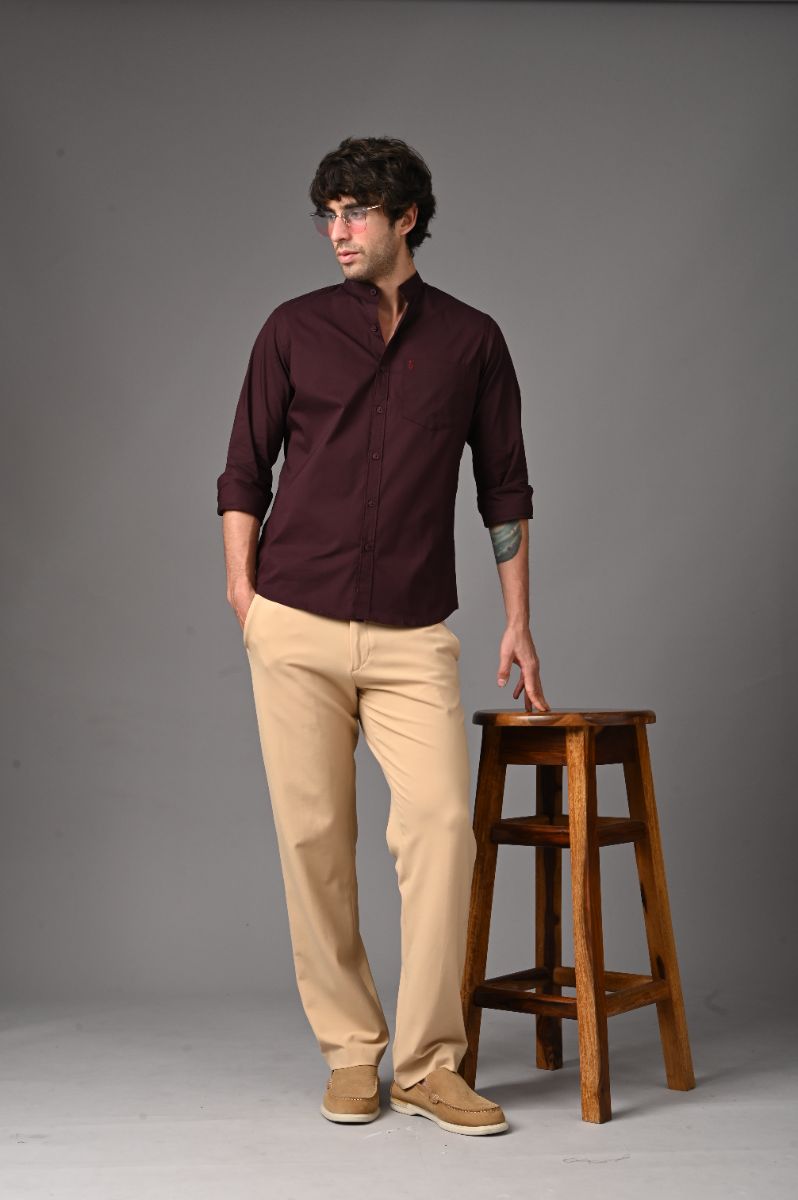 Rich Burgundy Mandarin Collar Shirt view 4