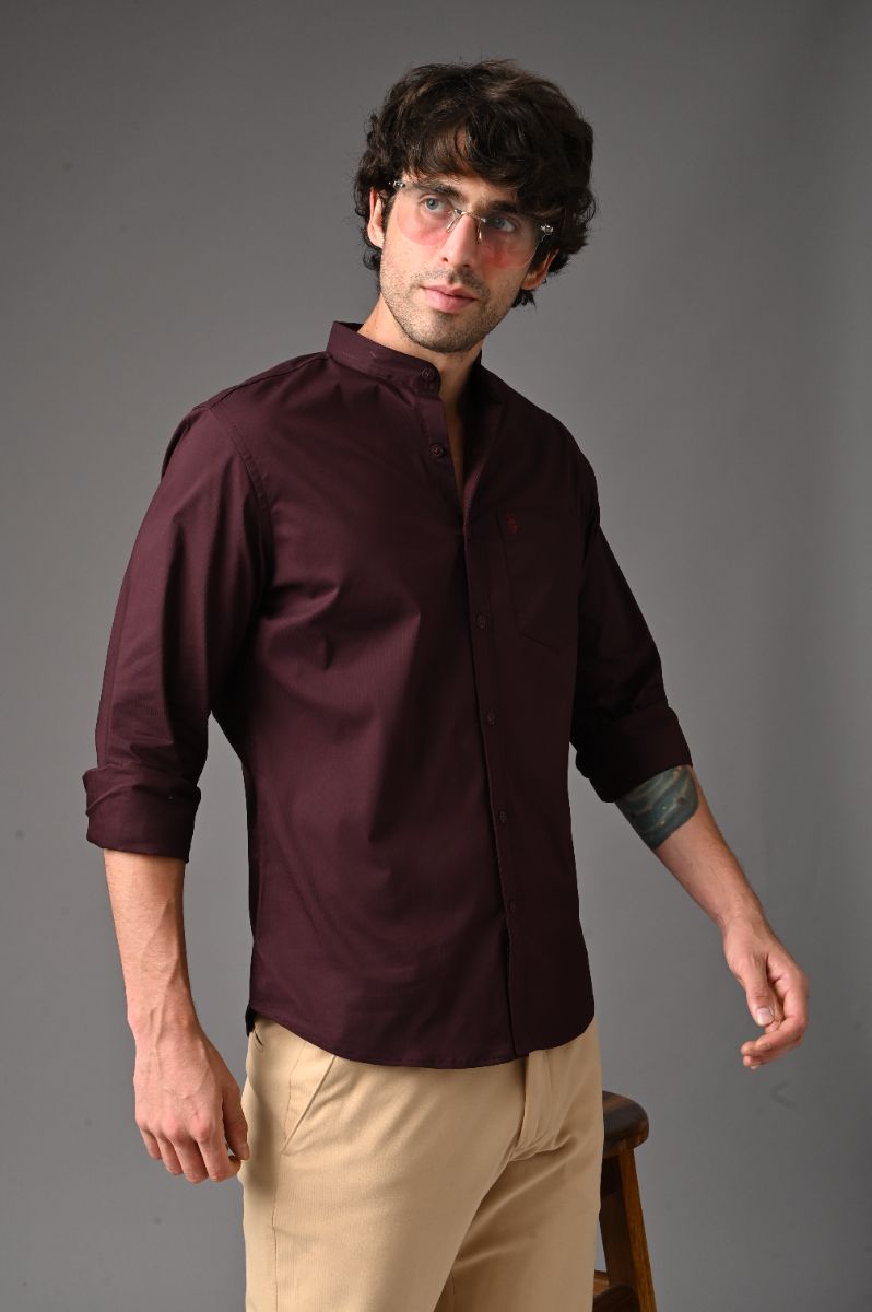 Rich Burgundy Mandarin Collar Shirt view 5