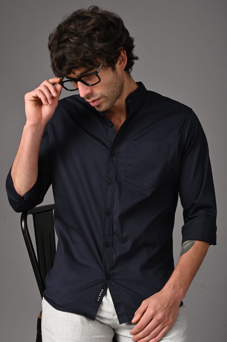 Midnight Navy Mandarin Collar Shirt view 4